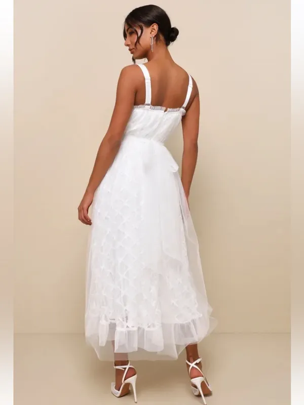 Lulus Ethereal Impression White Tulle Ruffled Bustier Midi Dress Small New - Image 3
