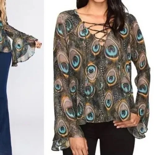 Show Me Your Mumu Peacock Feather Lace Up Bell Sleeve Blouse Medium - Image 2