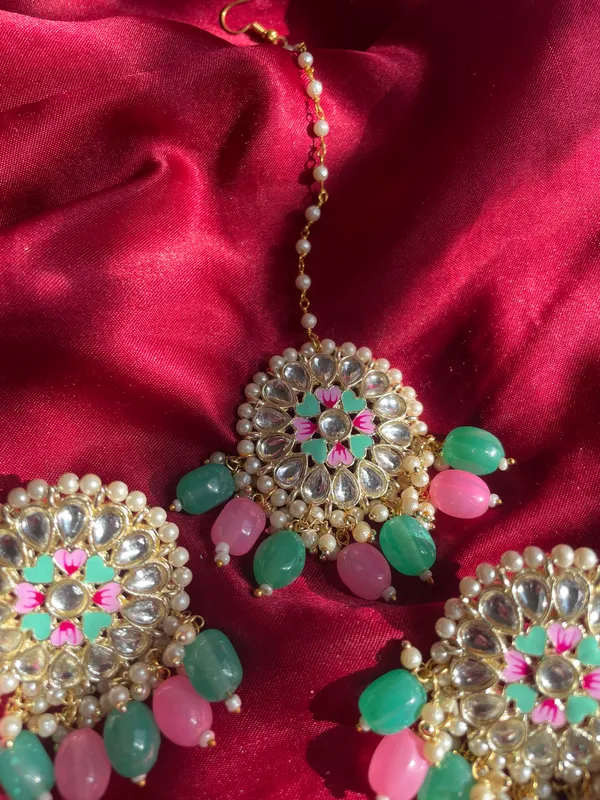 Pink and Turquoise Earrings with Tikka - Image 4