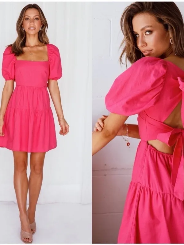 Hello Molly Best Weekend Tie Back Puff Sleeve Dress Pink Size 6 - Image 2