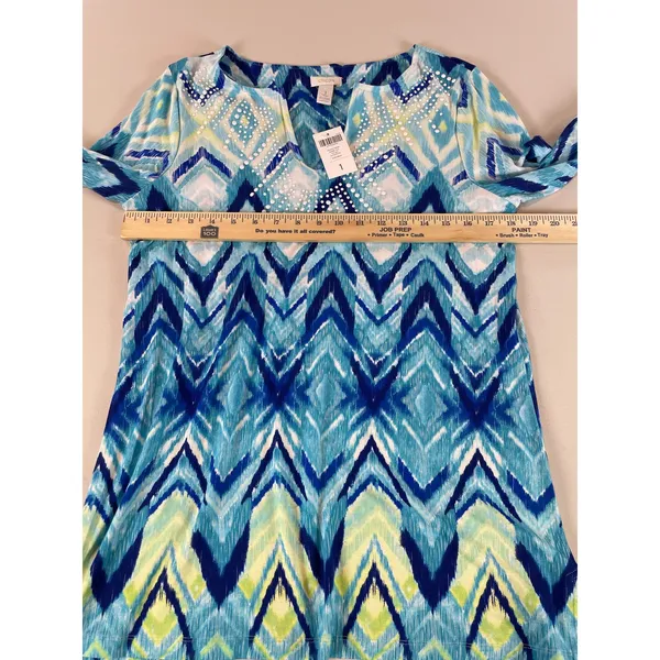 Chicos Aquatic Merge Blue Yellow Sequin Tunic Top Size 1 US Size M New With Tag - Image 7