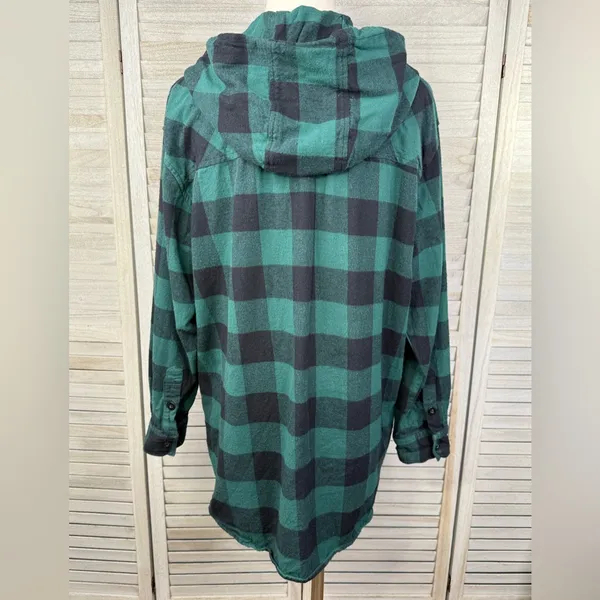 BLUENOTES Women's Cotton Flannel Hooded Button Down Green/Black Check-Large - Image 2