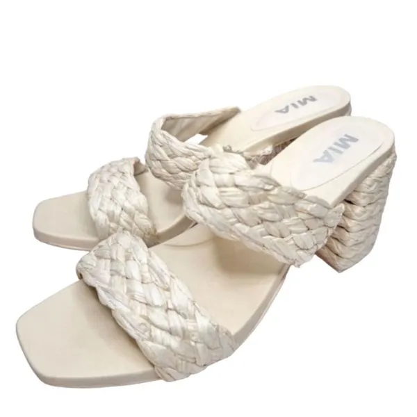 MIA Off‎ White Braided Block Heel Sandals Square Toe Mules Size 10 Raffia - Image 2