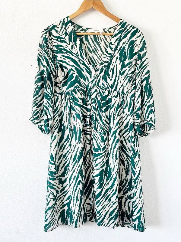 BA&SH Zebra Print Green Cream V-Neck Flowy Boho Mini Dress - Image 2