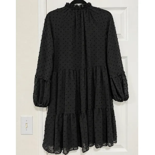 CeCe Black Swiss Dot Tiered Mini Dress Ruffle Neck Balloon Sleeve NWT XS - Image 3