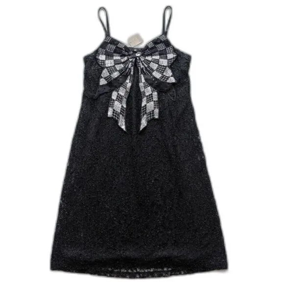 Size Small Y2K‎ Sequin Bow Checker Mini Dress Black - Image 2