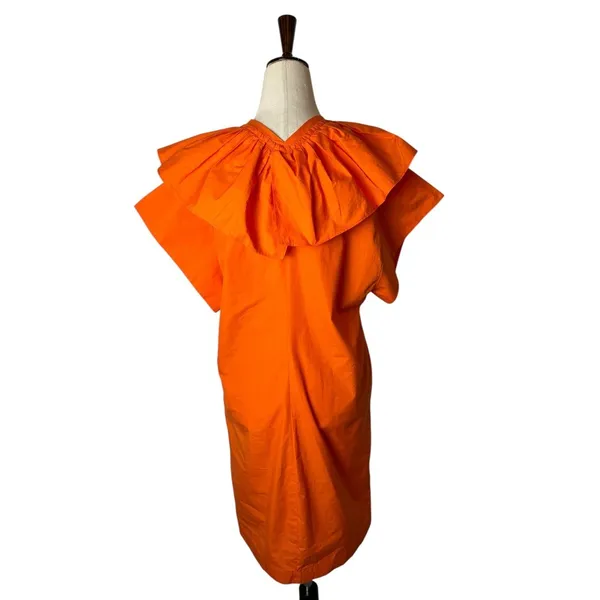 Tela Dress Women XS Orange Cotton Poplin Ruffle V-Neck Cap‎ Sleeve Shift Mini - Image 3