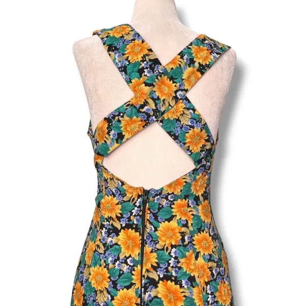 Vintage All That Jazz Floral Maxi Dress Open Cross Back Sunflower Garden Party - Image 7