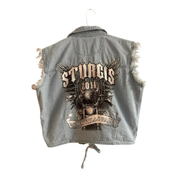 Sturgis Black Hills Rally 2011 graphic denim cut-off shirt/vest Large - Image 2