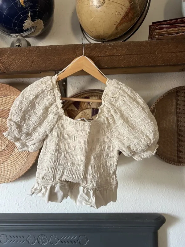 Smocked English Factory top with puff sleeves, neutral cream cottage small - Image 3