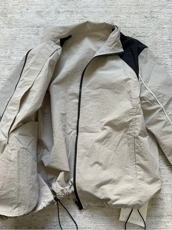 Yousify Light Beige Bomber Jacket with Black Shoulder Accents (Size Small) - Image 5