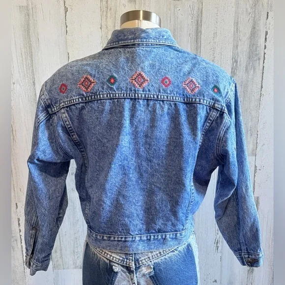 Vintage Cropped Embroidered Denim Jacket Southwestern‎ Boho Medium - Image 3