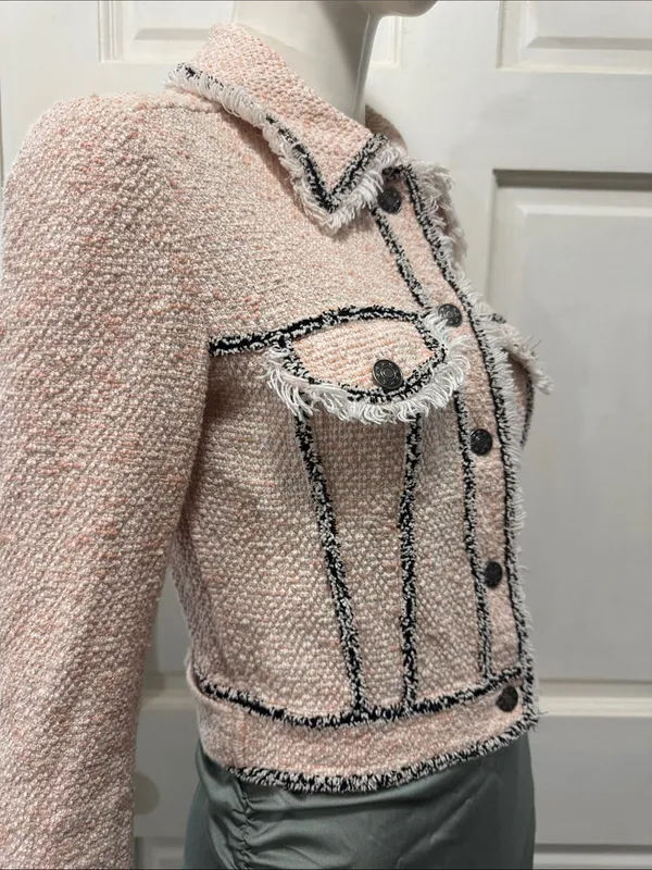 Veronica Beard Cotton Blend Pale Pink Tweed Fringed Blazer with Gray Trim S XS - Image 9