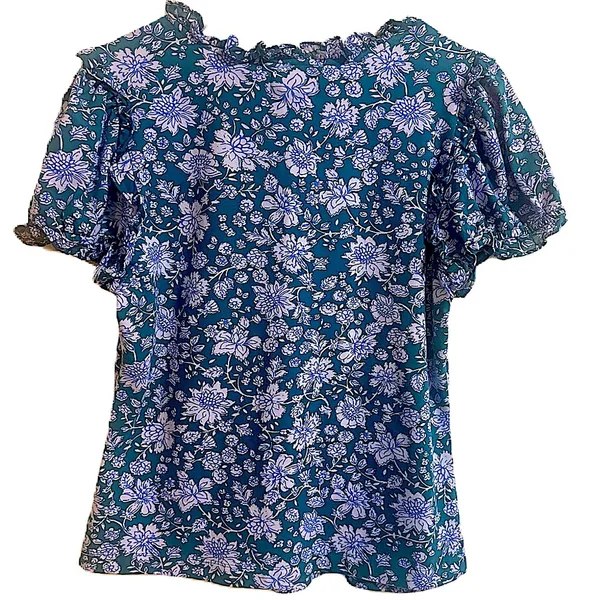 Maeve By Anthropologie Women's Ruffle Puff Sleeve V-Neck Henley Tee Blouse Large - Image 6