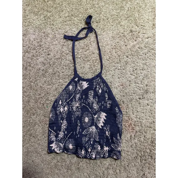 Urban Outfitters Navy Blue Pink Floral Smocked Halter Crop Top XS Boho Summer - Image 2