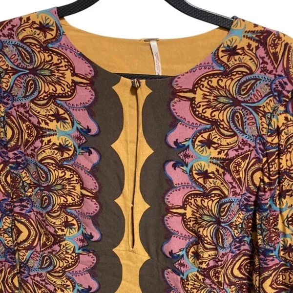 Free People Paisley Bell Sleeve Mini Dress Yellow Purple Boho Retro Size 4‎ - Image 5