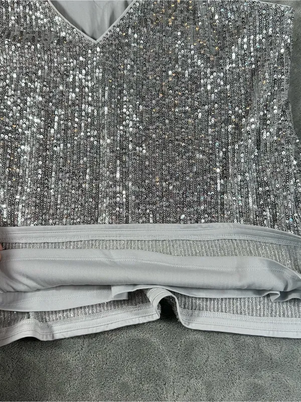 2 Express Red Silver sequin Satin V-Neck Cami Tops L XL Rhinestone-Strap Accent - Image 4