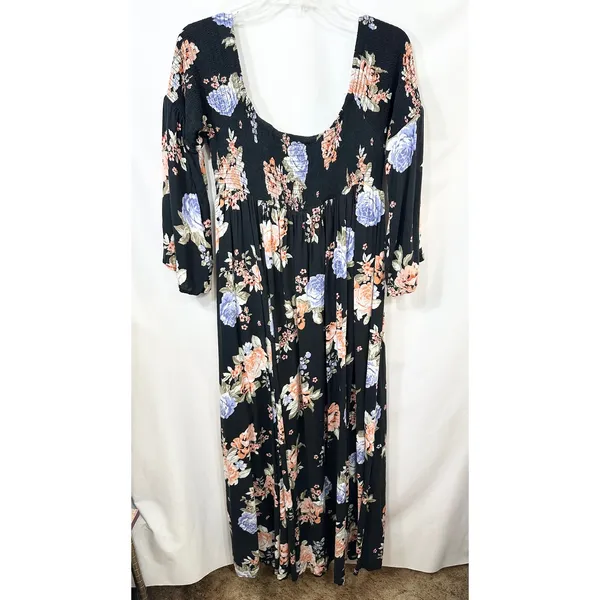 Torrid‎ Plus Sz 2X Maxi Dress Off Shoulder Black Floral Smocked Bell Sleeve 1214 - Image 6