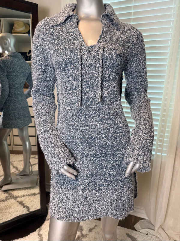 Free People Milena Sweater Dress Medium NWT Lace Up Mini Marled Gray Blue Cozy - Image 2