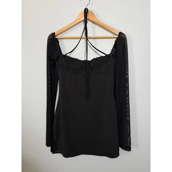 Princess Polly Black Mesh Long Sleeve‎ Bustier Mini Dress US 4 Halter Tie Neck - Image 2