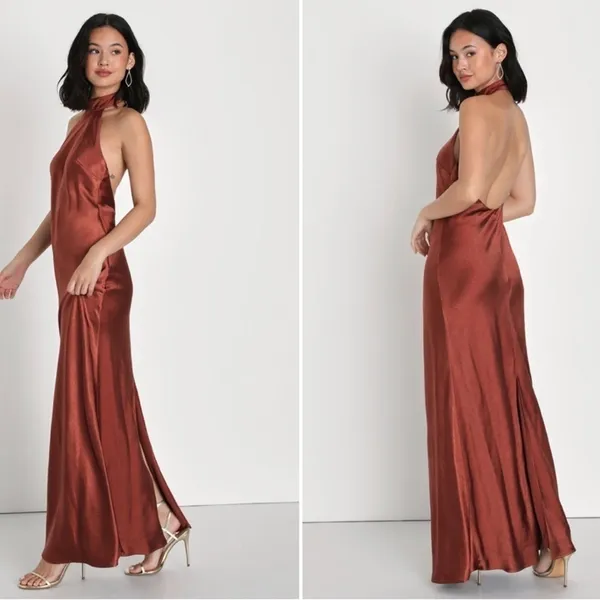LULU's Sexy Prom Wedding Bridesmaid Satin Open Back Halter Maxi Dress NWOT - Image 3