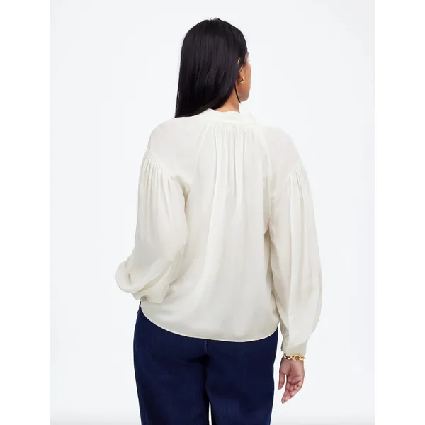 Madewell Shirred Long Sleeve Top Blouse Silk Lightweight Winter White Medium NWT - Image 3
