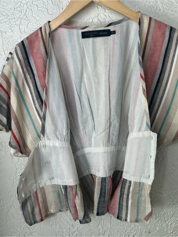 House Of Harlow x REVOLVE Striped Linen Blend Bell Sleeve V Neck Blouse Size S - Image 6