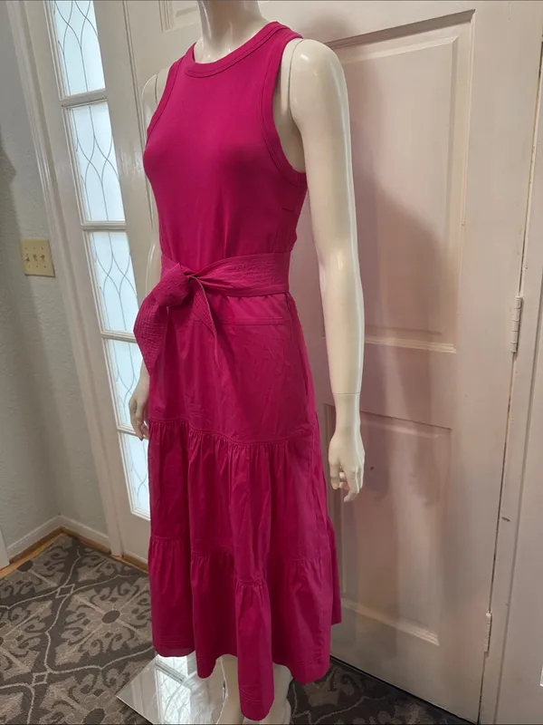 Veronica Beard AUSTYN Lg DkPink Tiered Pima Cotton Sleeveless Midi Dtess Sz S - Image 7