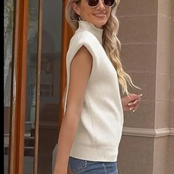 Fashion Women's Size Small Shoulder Pad Sleeveless Jumper Sweater Cream White - Image 2