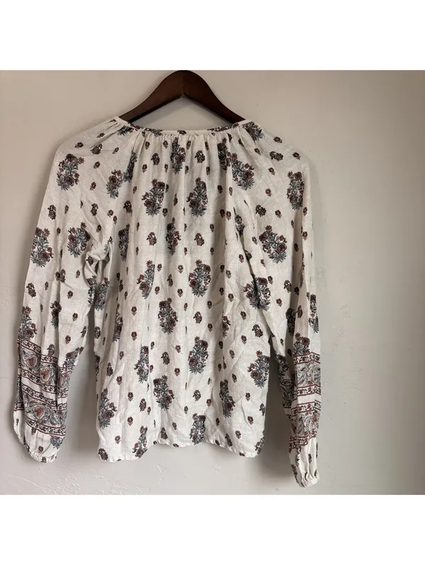 Lucky Brand Floral Print Bohemian Blouse Small Cream Long Sleeve Tassel - Image 6