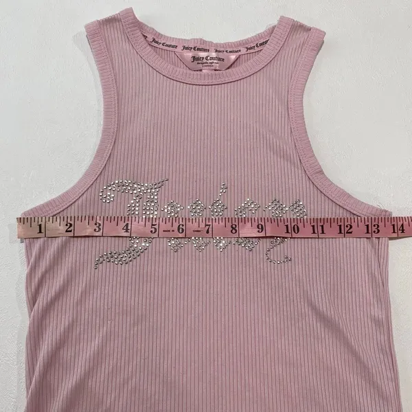 Juicy Couture Pink Rhinestone Logo Ribbed Tank Top Small Y2K Bling - Image 6