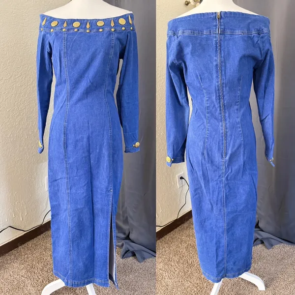 Tower western Denim Midi Dress Womens Medium Off Shoulder Gold Studded vintage - Image 8