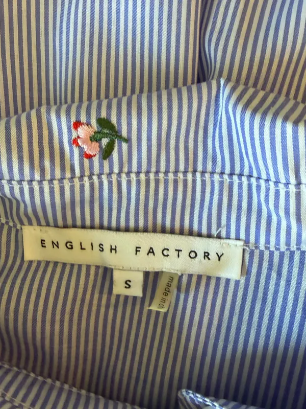 English Factory - Blue Pinstripe Floral Embroidered Ruffle Bow Dress Sz S - Image 7