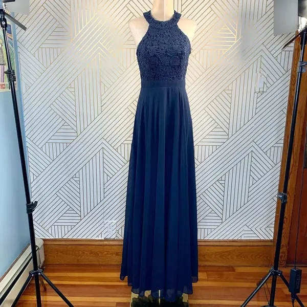 Lulu's Love Poem Lace‎ Halter Gown in Navy Blue - Image 3