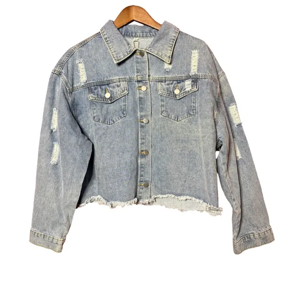 NWT Joiemont Women XL Light Wash Distressed Denim Jacket Rhinestone Stars Fringe - Image 2