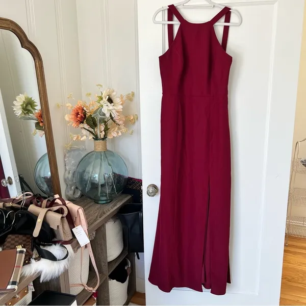 Dessy Collection High-Neck Backless Crepe Trumpet Gown In Burgundy NWT - Image 3