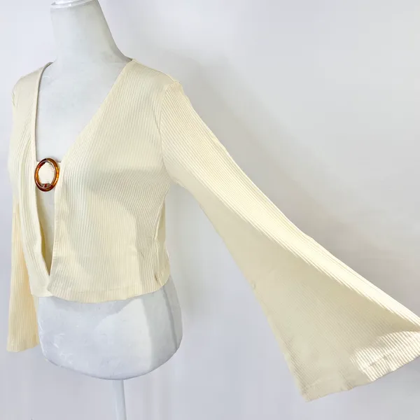 Callahan New Open Front Ring Bell Sleeve Ribbed Vera Top Creme - Image 11