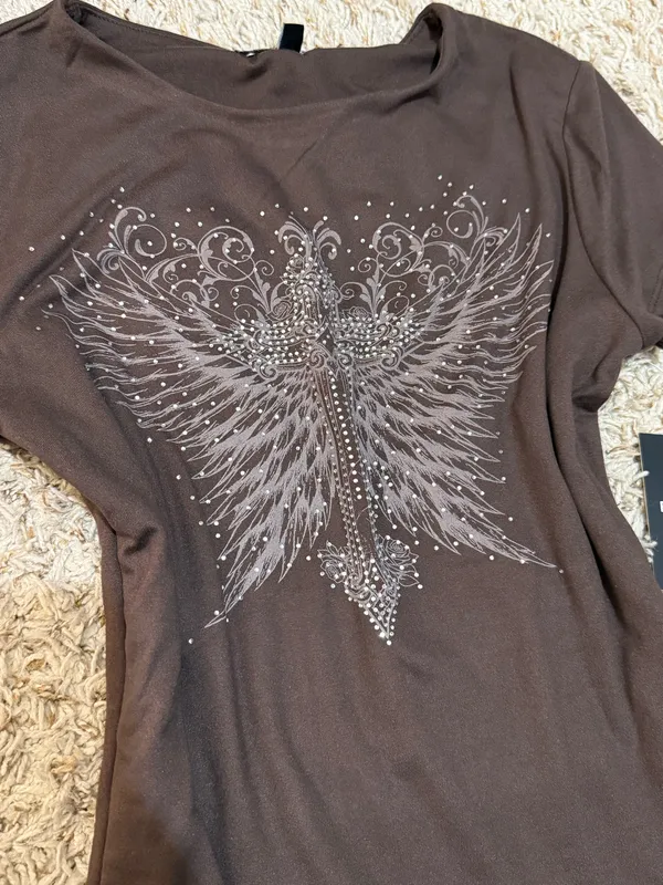 Y2K Brown Angel Wing Graphic Baby Tee 🪽🤎 - Image 2