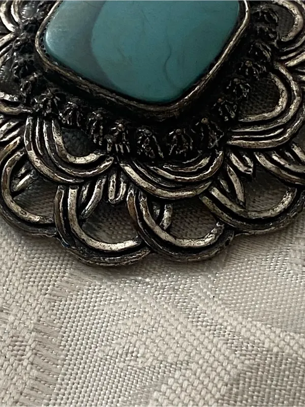 3” Round Boho Necklace Pendant Faux Turquoise Stone On Silver Tone Metal Vintage - Image 2