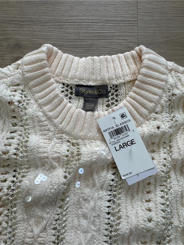 Style & Co. Cream Cable Knit Sequin Crewneck Sweater - Image 2