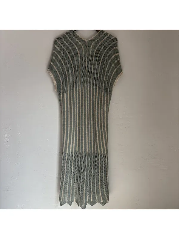 Floris Made in Italy Open Knit Striped Metallic Cover Up Midi Dress Green S/M - Image 6