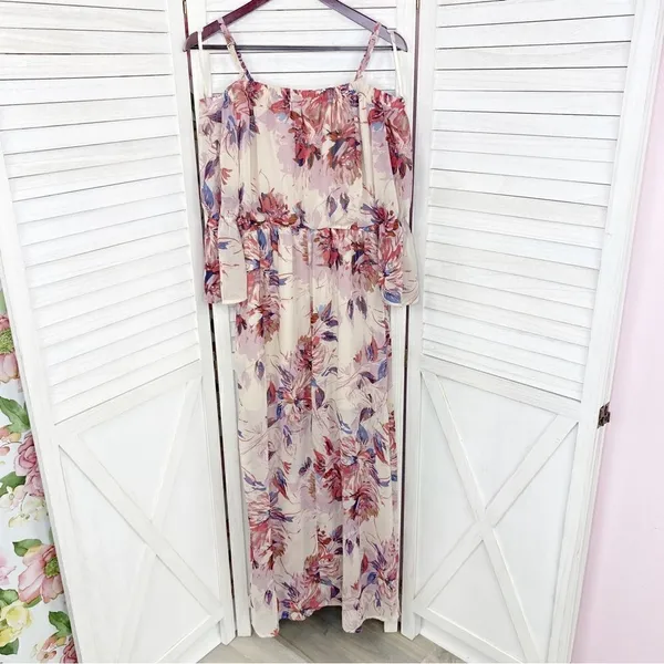 As You Wish Floral Off The Shoulder‎ Flared Sleeve Maxi Dress Small - Image 9