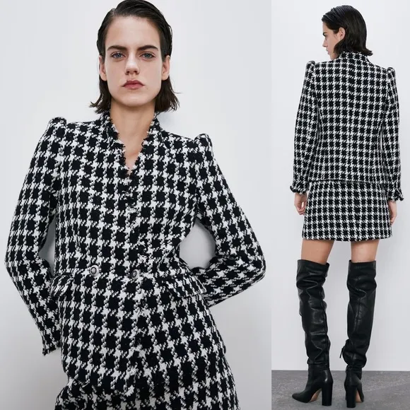 Zara TEXTURED TWEETED Houndstooth Blazer w/POCKETS BLACK/WHITE NEW - Image 2
