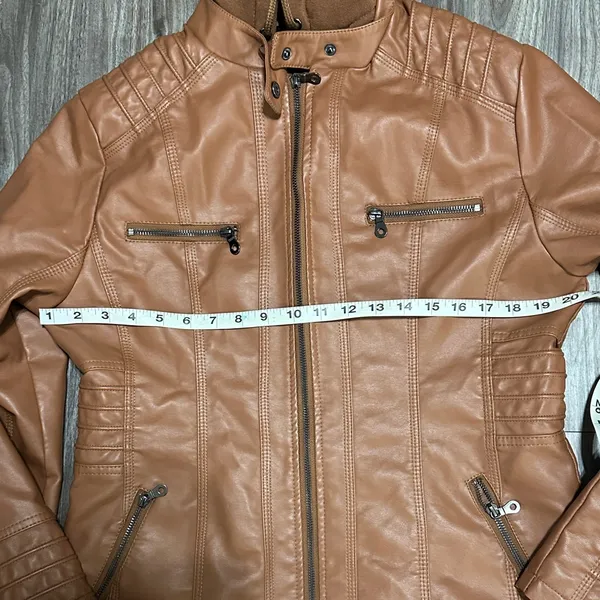 TAGOO Brown Faux Leather Jacket with Removable Hood. - Image 9