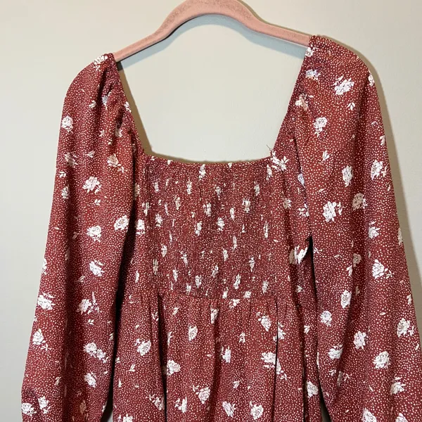 Dizzy Lizzy Rust Floral Polka Dot Puff Sleeve Square Neck Midi Dress Women's M‎ - Image 10