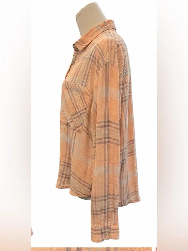 Free People Gauze Button Front Shacket Shirt Peach Gray Plaid Medium - Image 3