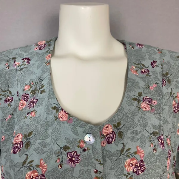 Vintage Floral Dress Shell Buttons Shirred Smocked Midi Cottagecore Summer Fall - Image 13