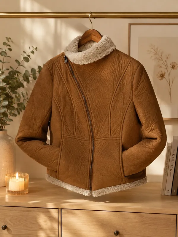 Zara TRF Cropped Faux Shearling Biker Jacket Small - Image 4