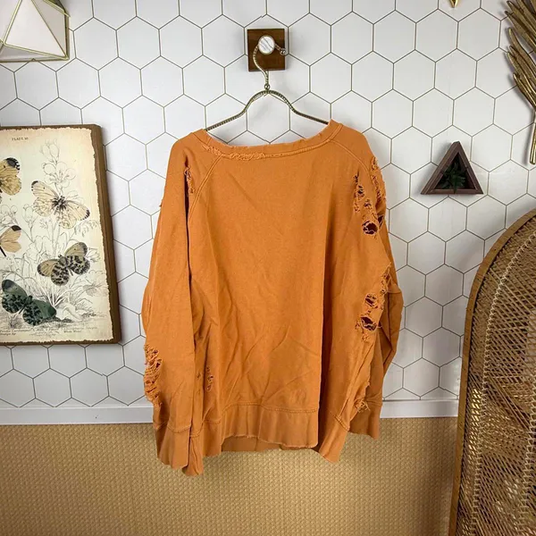 Free People Hole My Heart Oversized Distressed Orange Sweatshirt - Size - XXS - Image 3