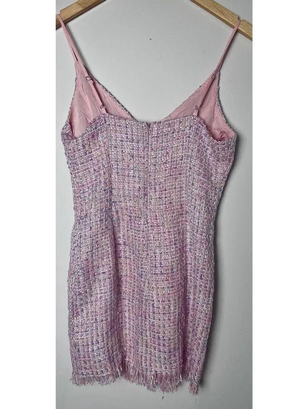 Fanco Pink Tweed Mini Dress Size Small NWT Barbie Preppy Fringe Spaghetti Strap - Image 2